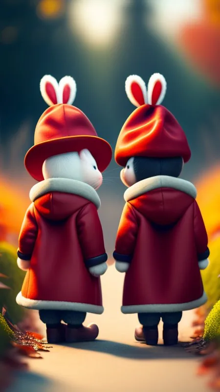 Bunny Pair Red Coats Cute Wallpaper