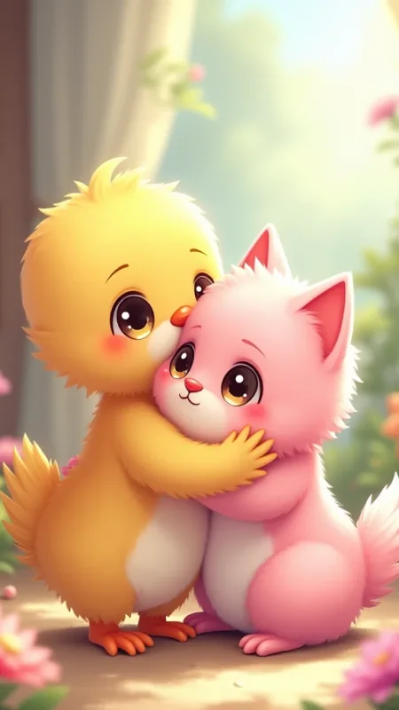 Chick Hugging Pink Kitten Cute Wallpaper