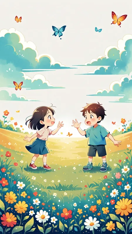 Children Chasing Meadow Butterflies Cute Wallpaper