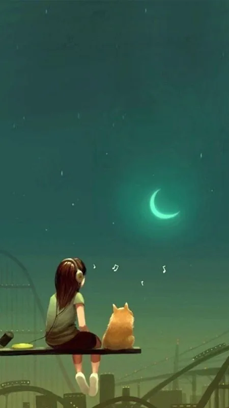 Girl And Cat Moonlit Ledge Cute Wallpaper