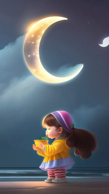 Girl Beneath Crescent Moon Cute Wallpaper