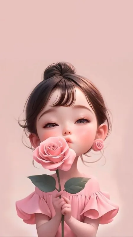 Cute Girl Rose Flower Gaze Pink Cartoon Wallpaper