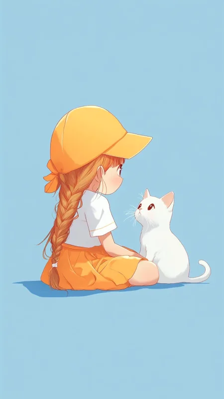Cute Girl With Cat Minimalist Phone Wallpaper