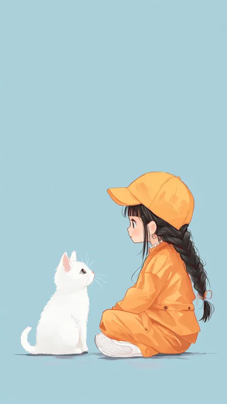 Cute Girl With Cat Minimalist Wallpaper