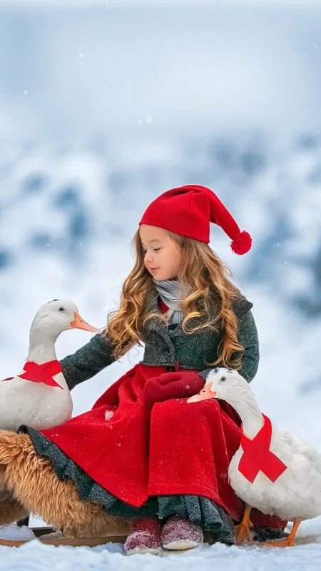 Girl With Ducks In Snow Cute Wallpaper
