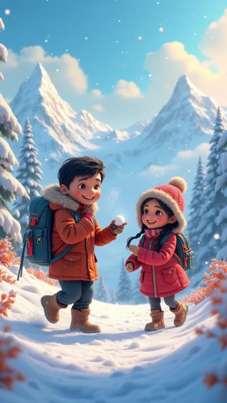 Kids Snowball Mountain Fun Cute Wallpaper