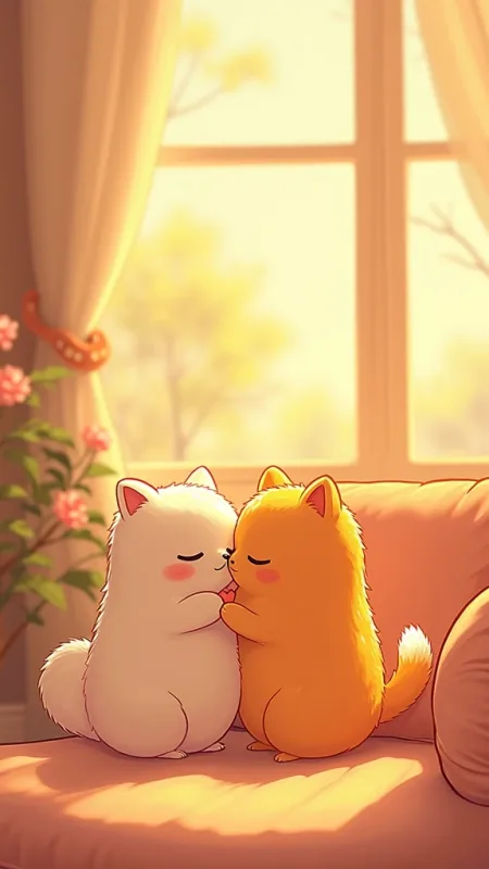 Kissing Cats By Window Cute Wallpaper
