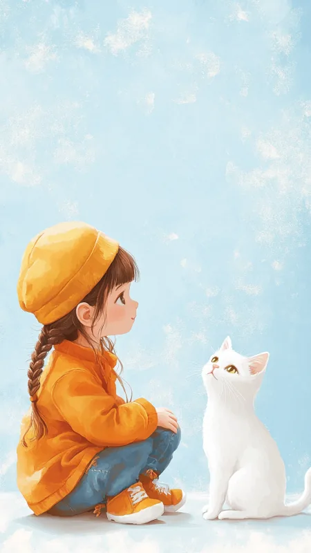 Cute Little Girl A White Cat HD Wallpaper