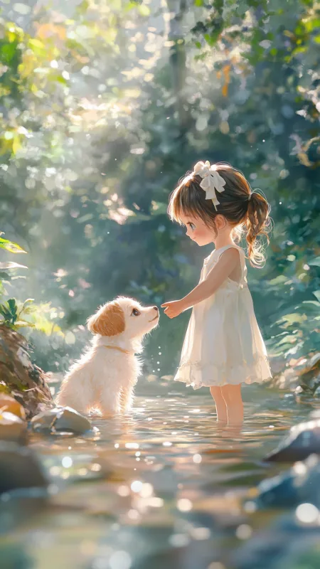Little Girl And A Cute Puppy Wallpaper