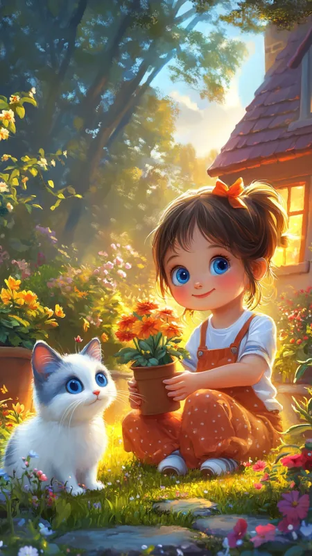 Cute Little Girl And Blue Eyed Cat Wallpaper