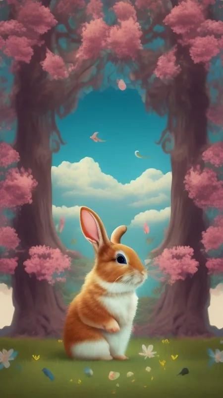 Rabbit Under Blossom Trees Cute Wallpaper
