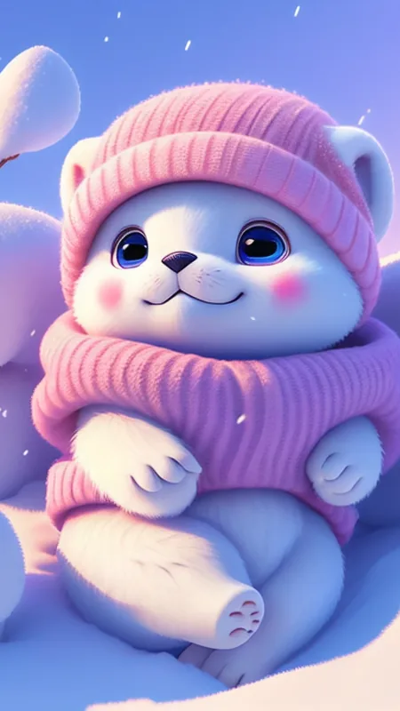 Snow Cub Pink Scarf Cute Wallpaper