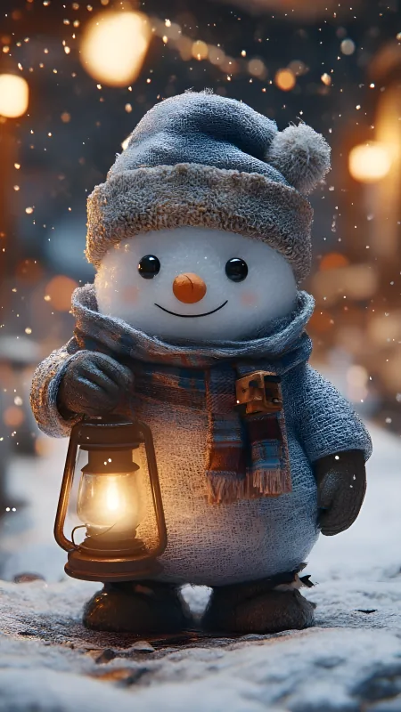 Snowman Cute Lantern Snow Winter Art Wallpaper