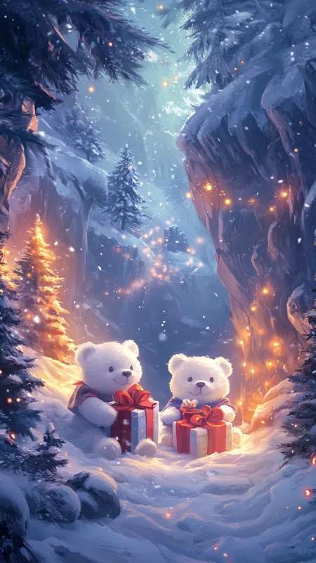 Snowy Cave With Two White Teddy Cute Wallpaper