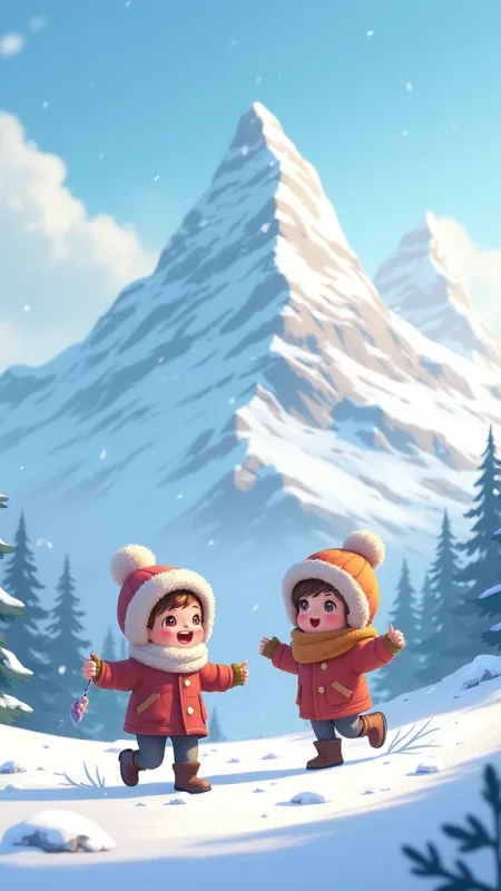 Toddlers Playing Snowy Peaks Cute Wallpaper