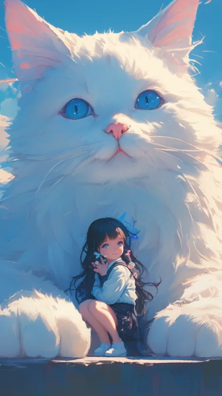 Cute White Cat With Girl Wallpaper