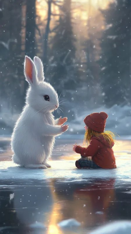 Cute White Rabbit With Girl Phone Wallpaper