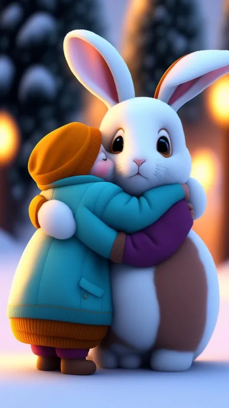 Winter Bunny Warm Hug Cute Wallpaper