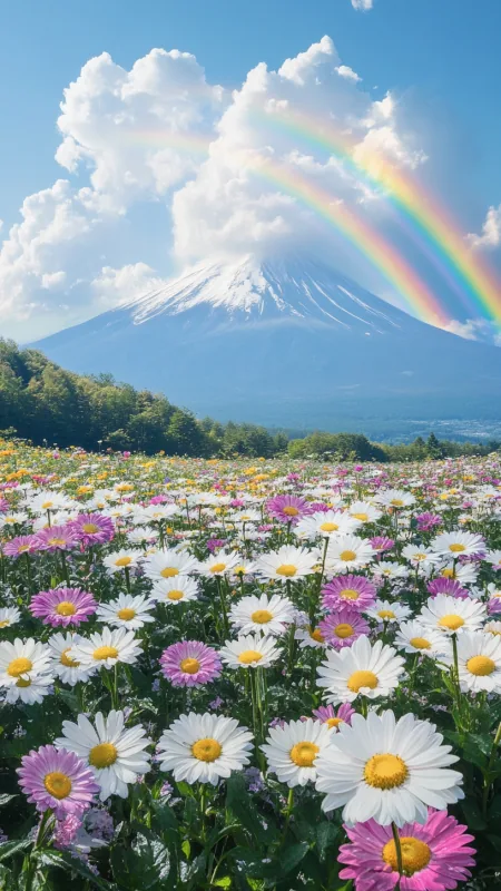 Daisy Field Mountain Rainbow Flowers Wallpaper