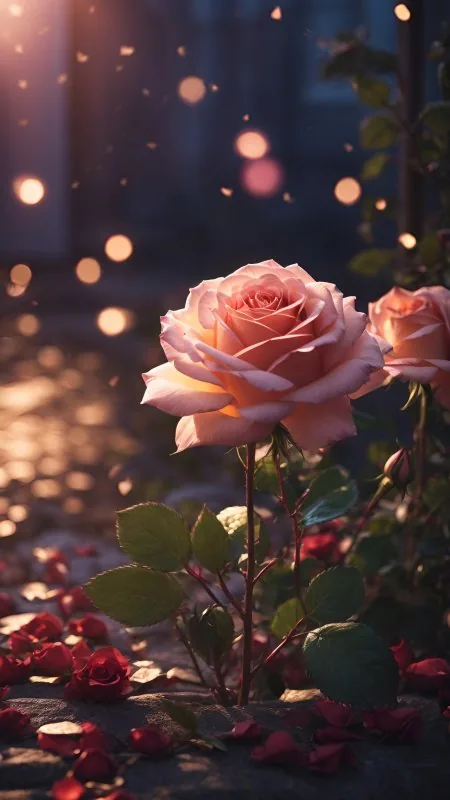 Evening Rose Bokeh Lights Flowers Wallpaper