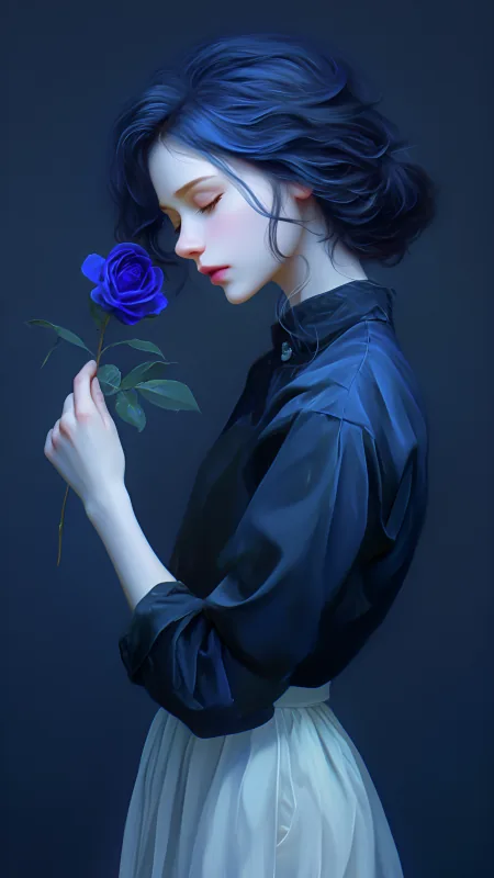 Flowers Girl Brunette Rose Blue Wallpaper