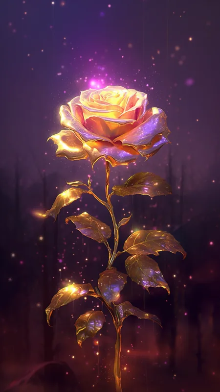 Glowing Golden Rose Metallic Flowers Wallpaper
