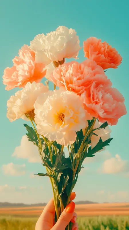Holding Pink And White Carnations Flowers Wallpaper