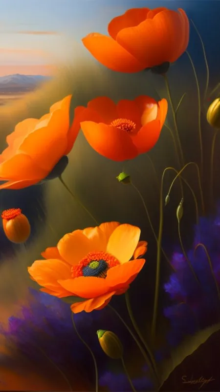 Orange Poppies Oil Painting Flowers Wallpaper