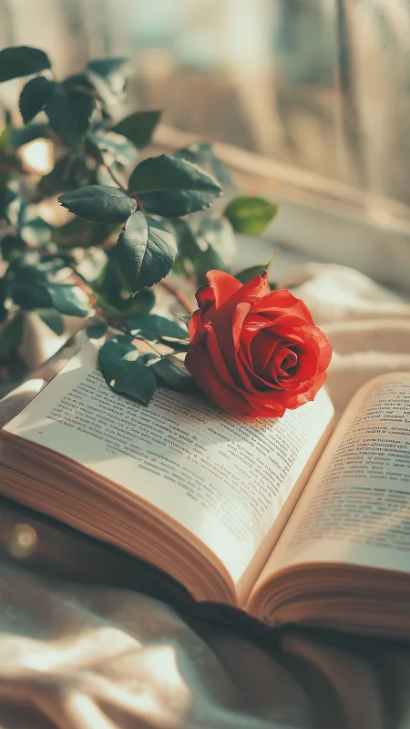Red Rose Resting On An Open Book Flowers Wallpaper