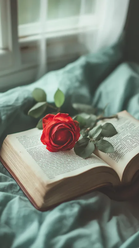 Red Rose Resting On An Open Book Flowers Wallpaper