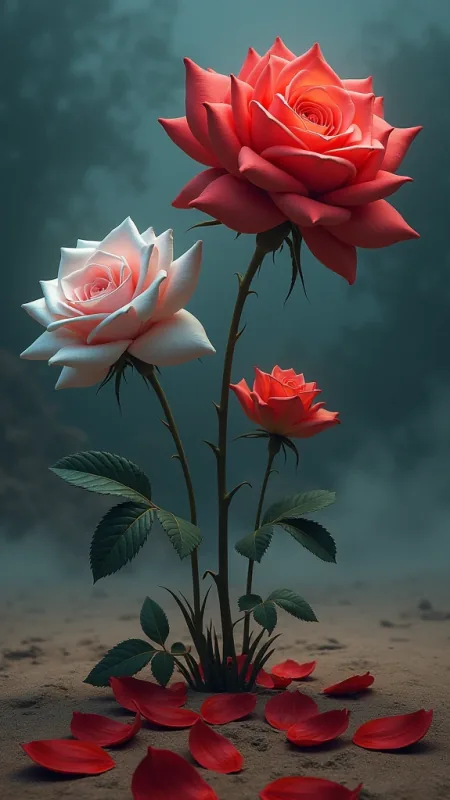 Red White Roses Mist Flowers Wallpaper