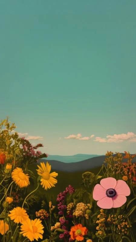Retro Sky Wildflower Border Flowers Wallpaper