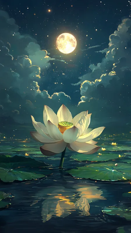 White Fantasy Illustration Lotus Flower Wallpaper