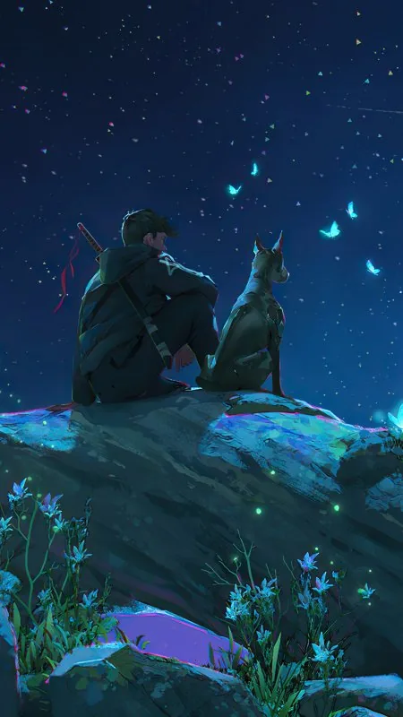 Gaming Guy And His Dog Stargazing Wallpaper