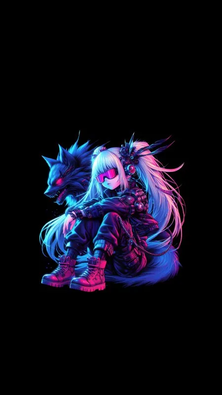 Little Cyber Girl And Wolf Gaming Wallpaper