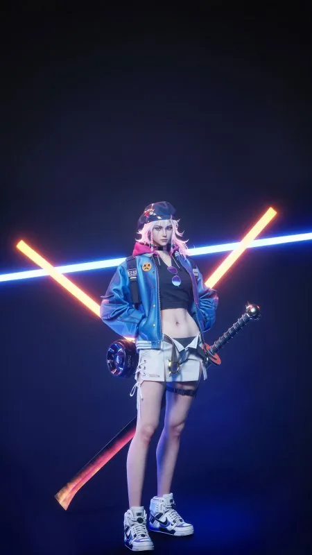 Pose Holographic Cyberpunk Girl Gaming Wallpaper
