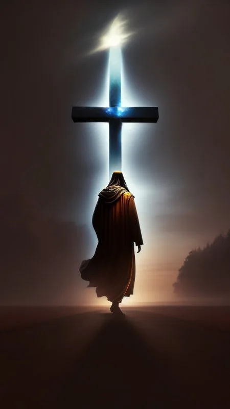 Pilgrim Before Radiant Cross Jesus Wallpaper