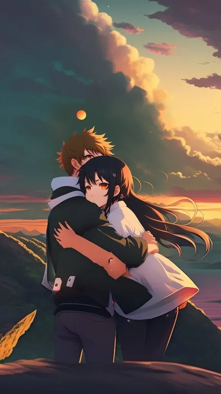 Anime Mountain Dusk Hug Love Wallpaper