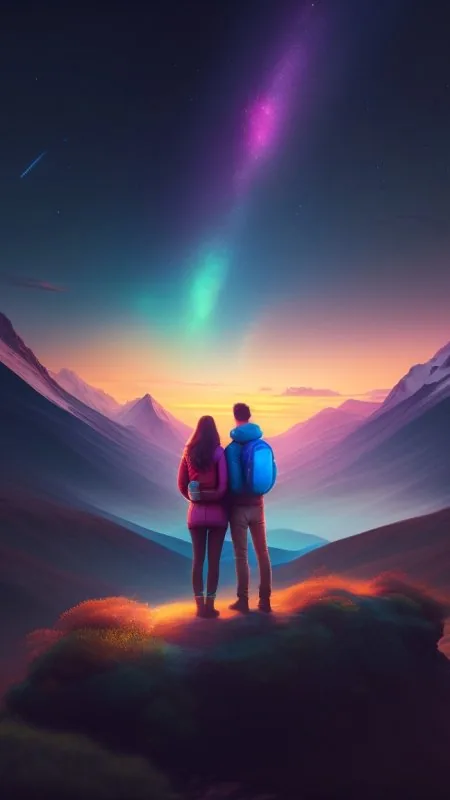 Aurora Valley Hiking Couple Love Wallpaper