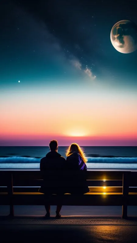 Bench By Moonlit Shore Love Wallpaper