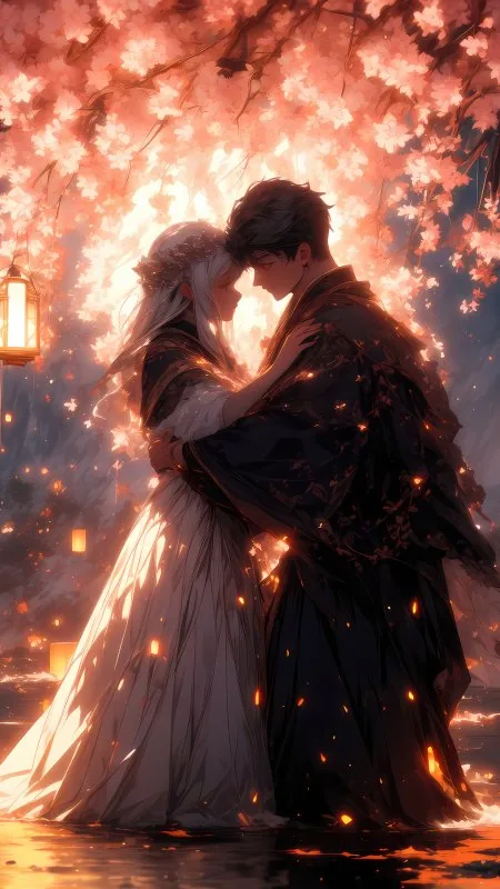 Blossom Lantern Wedding Embrace Love Wallpaper