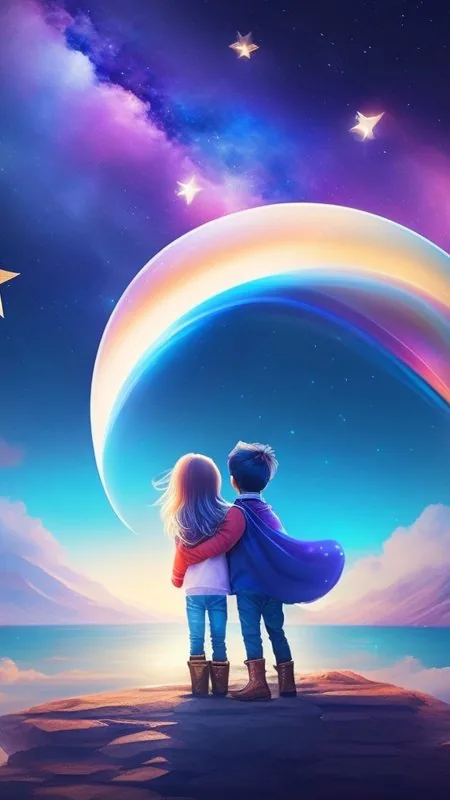 Children Beneath Cosmic Rainbow Love Wallpaper