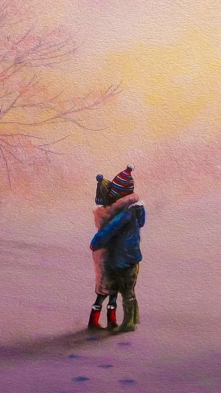Children Hug Winter Painting Love Wallpaper