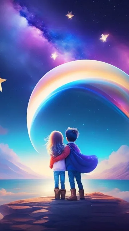 Children Under Cosmic Rainbow Love Wallpaper