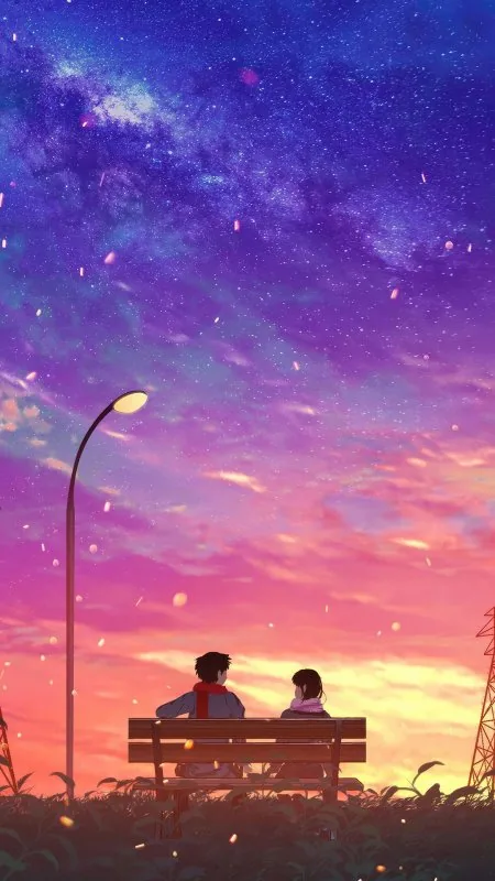 Couple Bench Starry Sunset Love Wallpaper