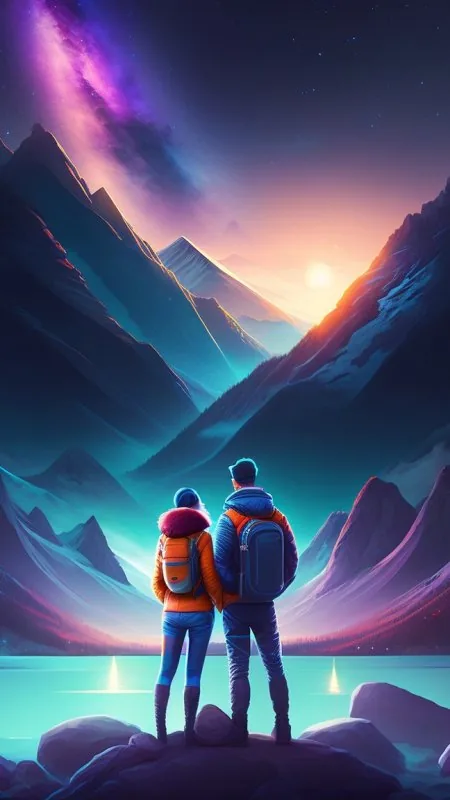 Couple Facing Cosmic Peaks Love Wallpaper