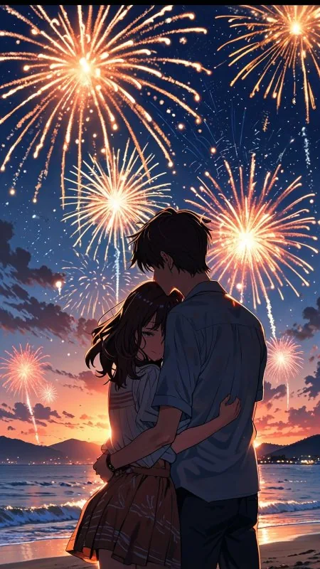 Couple Love Fireworks New Year Hug Phone Wallpaper
