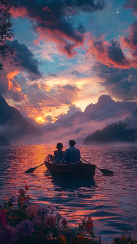 Couple In Love Sitting Boat Phone Wallpaper
