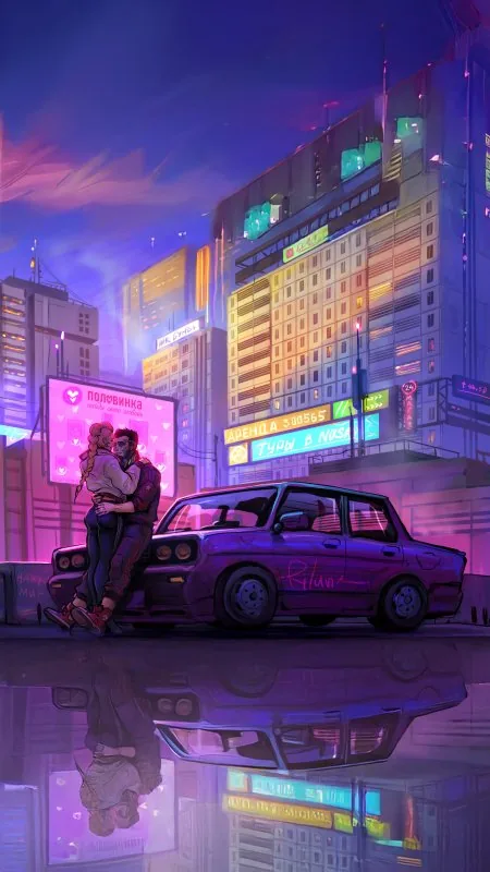 Couple Kiss In Cyber City HD Love Wallpaper