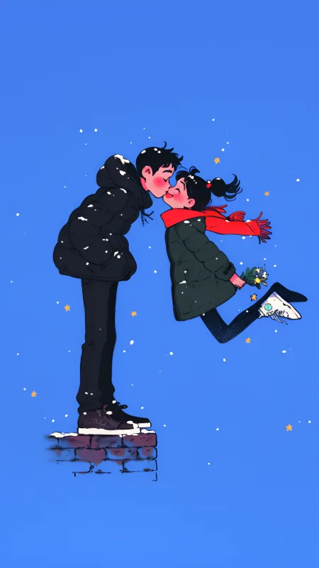 Couple Kiss Snow Love Blue Art Wallpaper